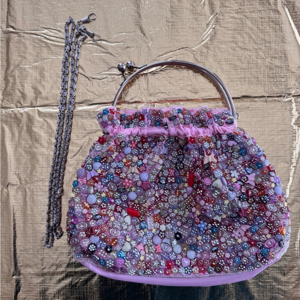 La Viola Fun Beaded Crossbody Colorful Bag Pink Taffeta Beads Lolita Girly
